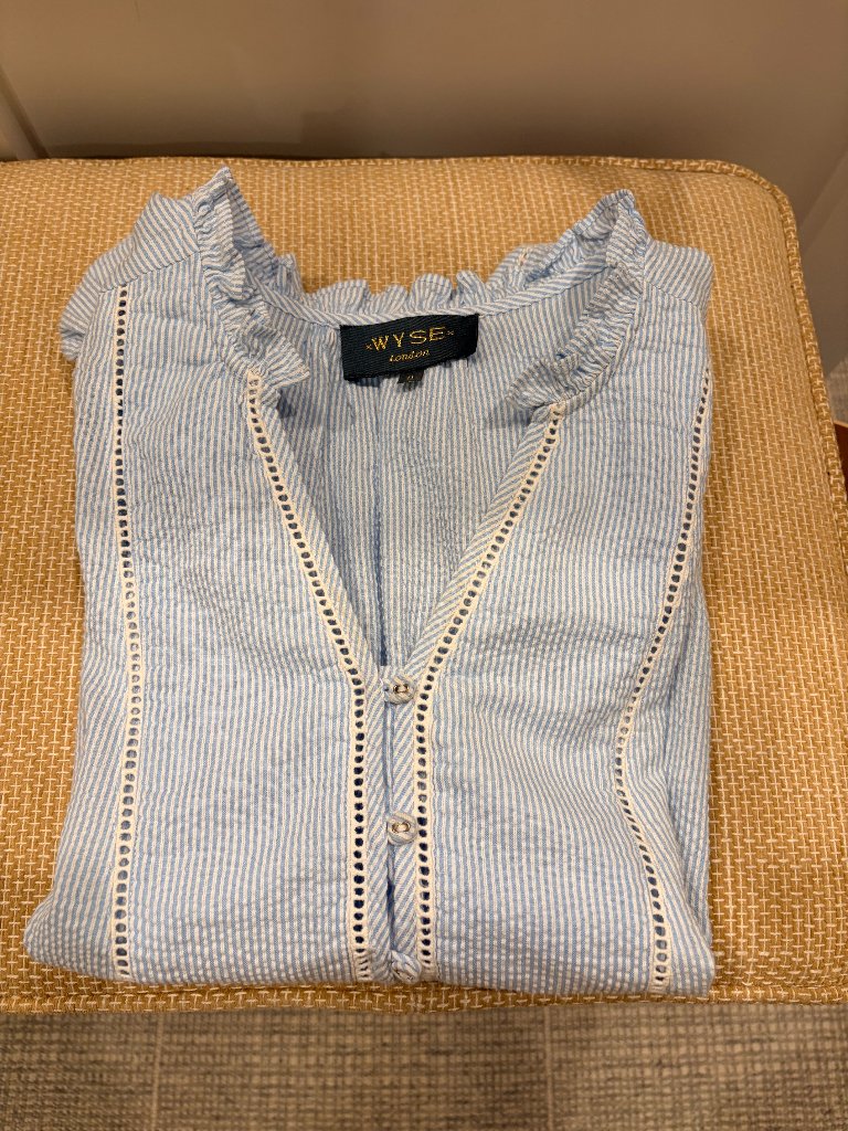 Wyse Women’s Blue & White Striped Flutter Sleeve Blouse — image 2 of 3
